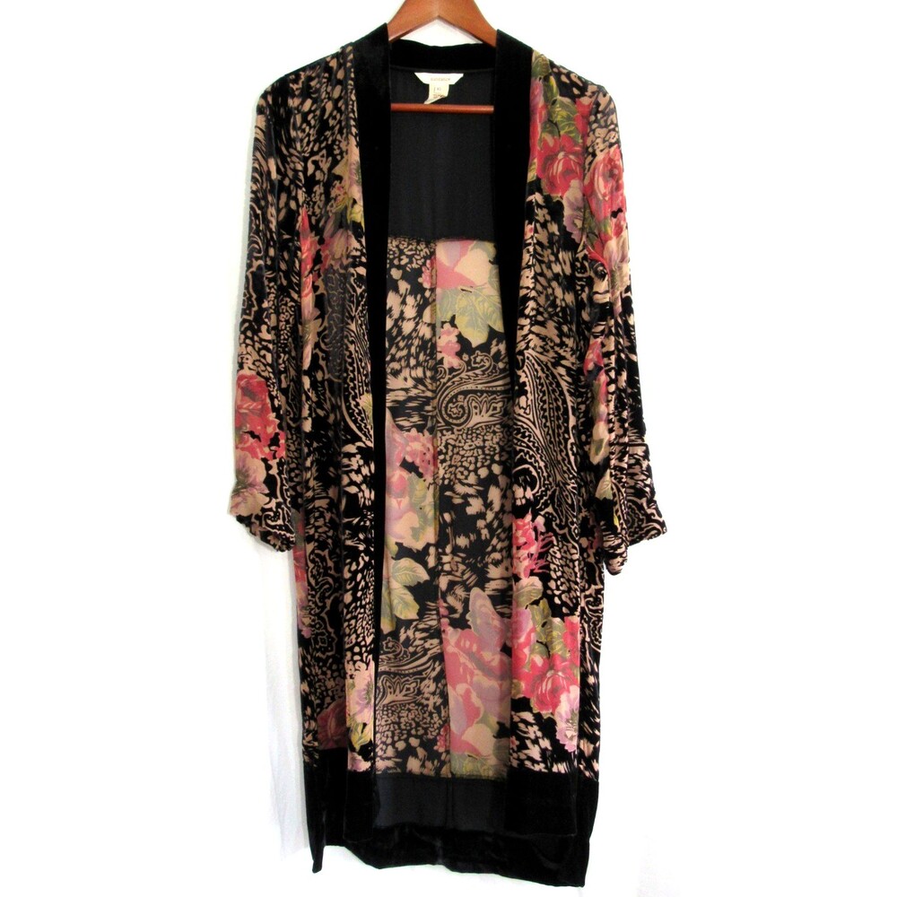 Sundance Black Floral Velvet Trim Ophira Silk Blend Duster Cardigan XS EUC